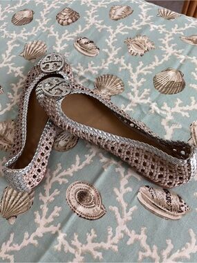 Tory Burch Metallic Pink and Silver Woven Logo Ballet Flats